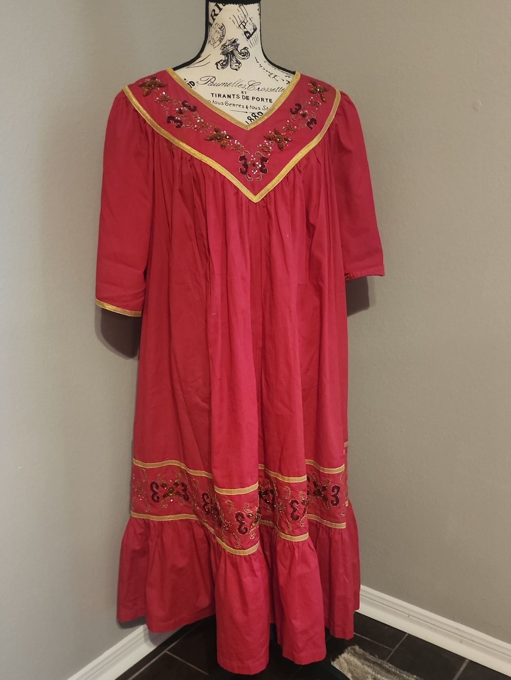 Go Softly Women's Red Embroidered Peasant Dress with Gold Trim Plus Size 2X